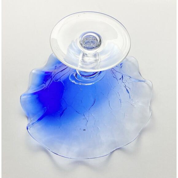 1990s Rossi Glass-Niagara Crackle Blue Pedestal Footed Ruffled Compote 6 7/8” - Picture 6 of 7